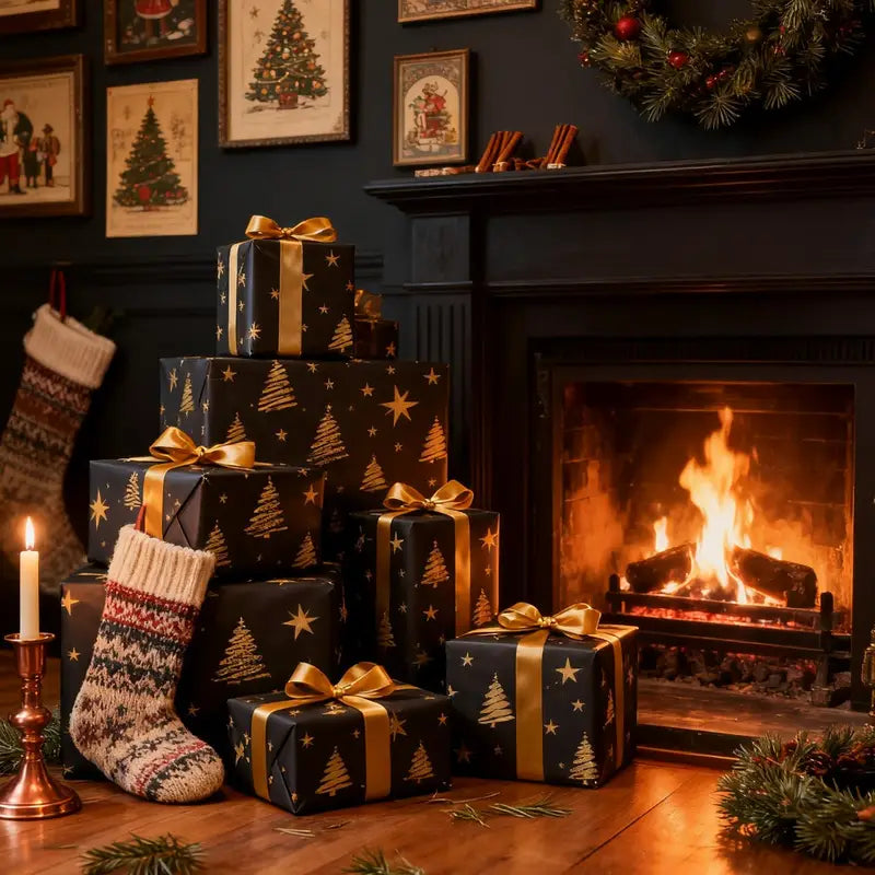 Luxury Black & Gold Christmas Wrapping Paper – 3m Roll