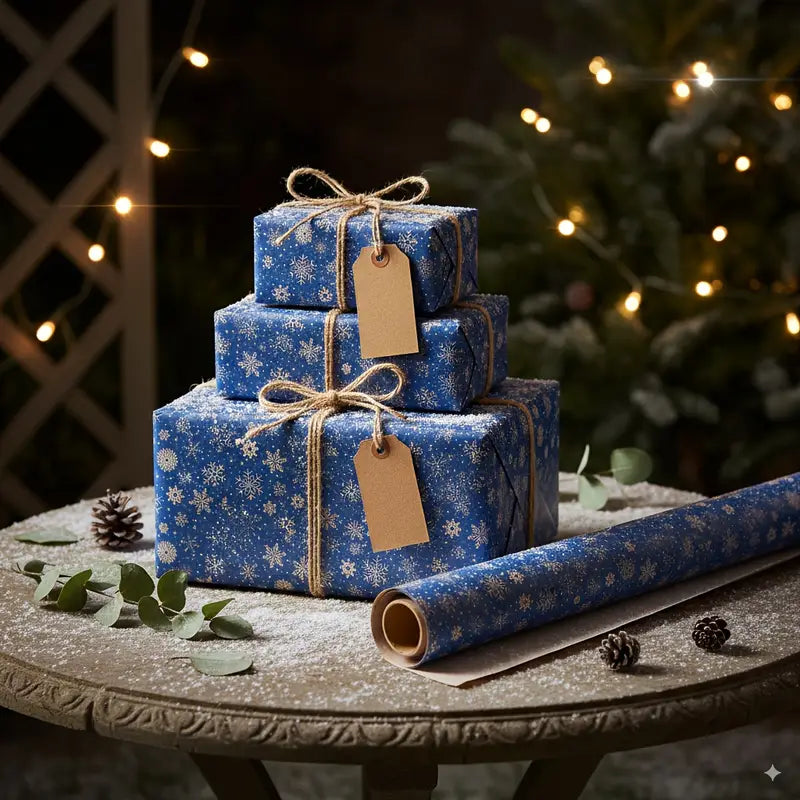Double-Sided Dark Blue Snowflake Gift Wrap Roll – Winter Edition